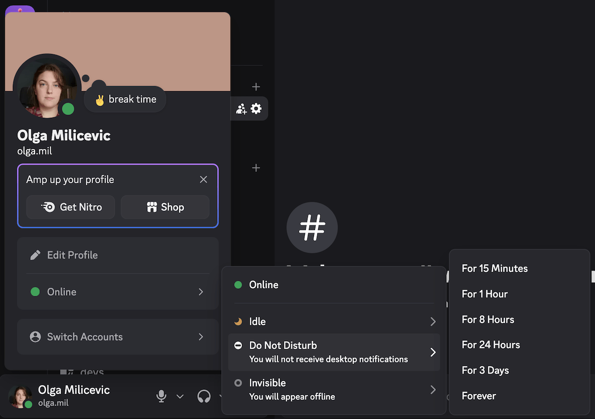 Custom statuses, DND, and notification pausing on Discord