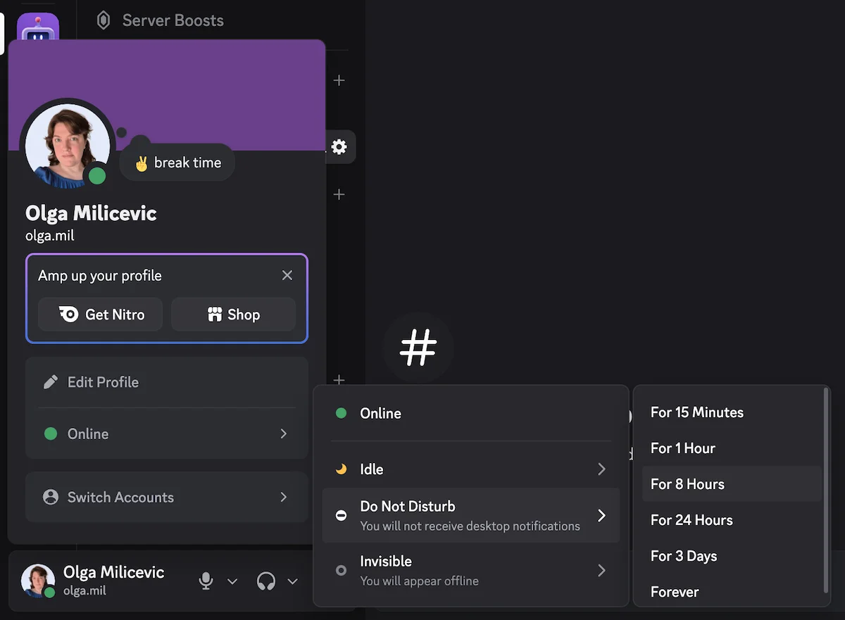 Custom statuses, DND, and notification pausing on Discord