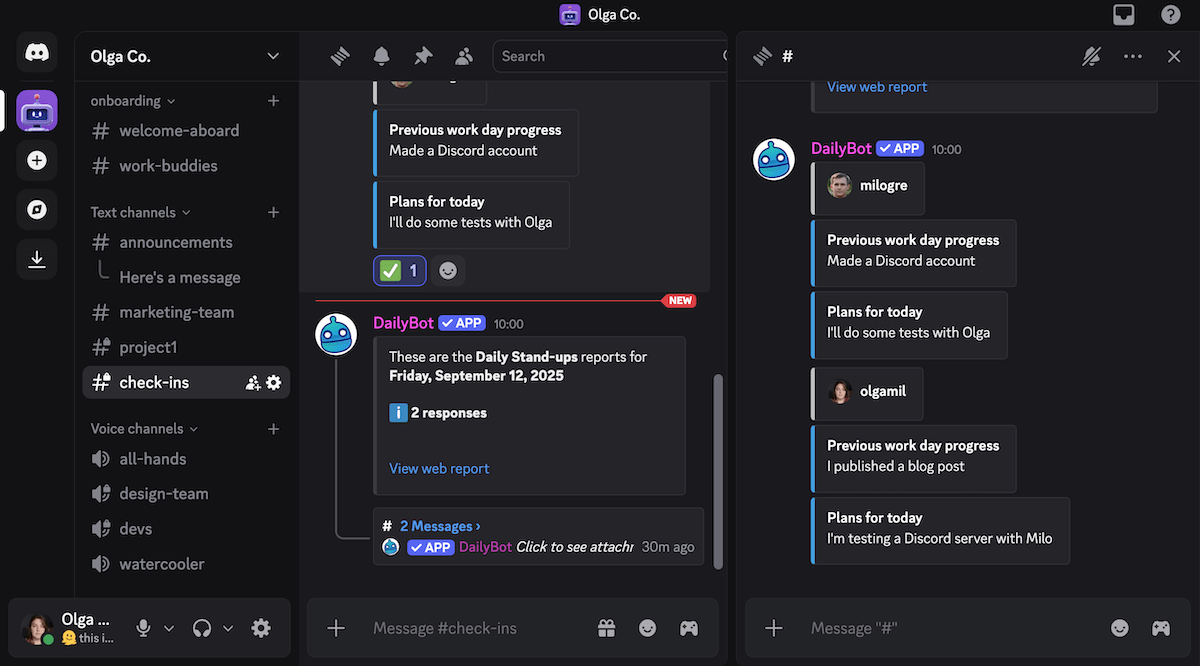 DailyBot's stand-up report on the check-in channel