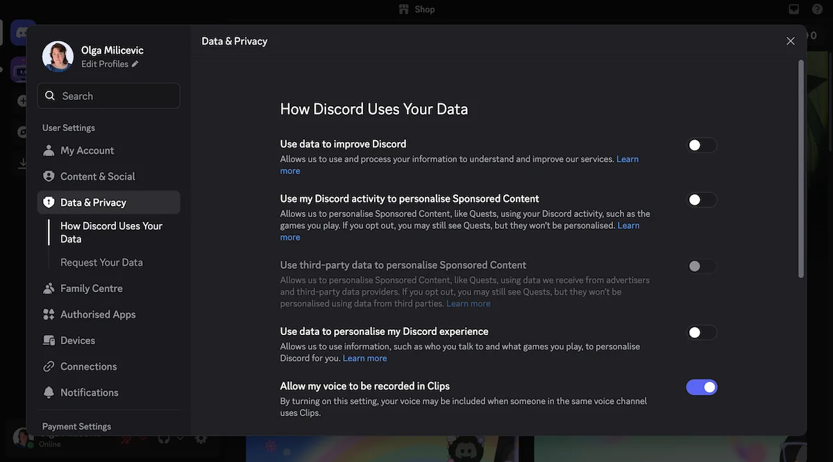 Personal security settings on Discord