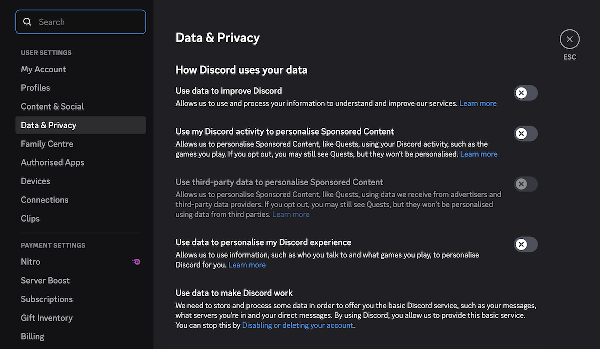 Personal security settings on Discord