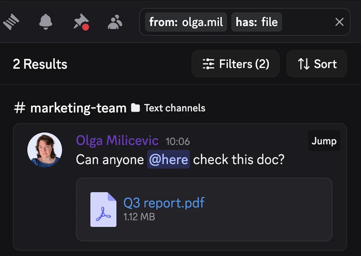 Search results in Discord