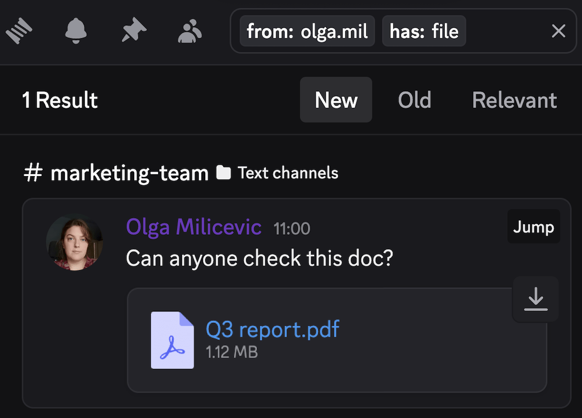 Search results in Discord