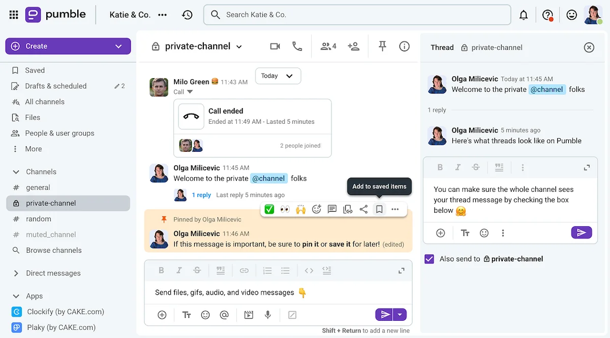 The team communication app, Pumble, has all the features you'll need