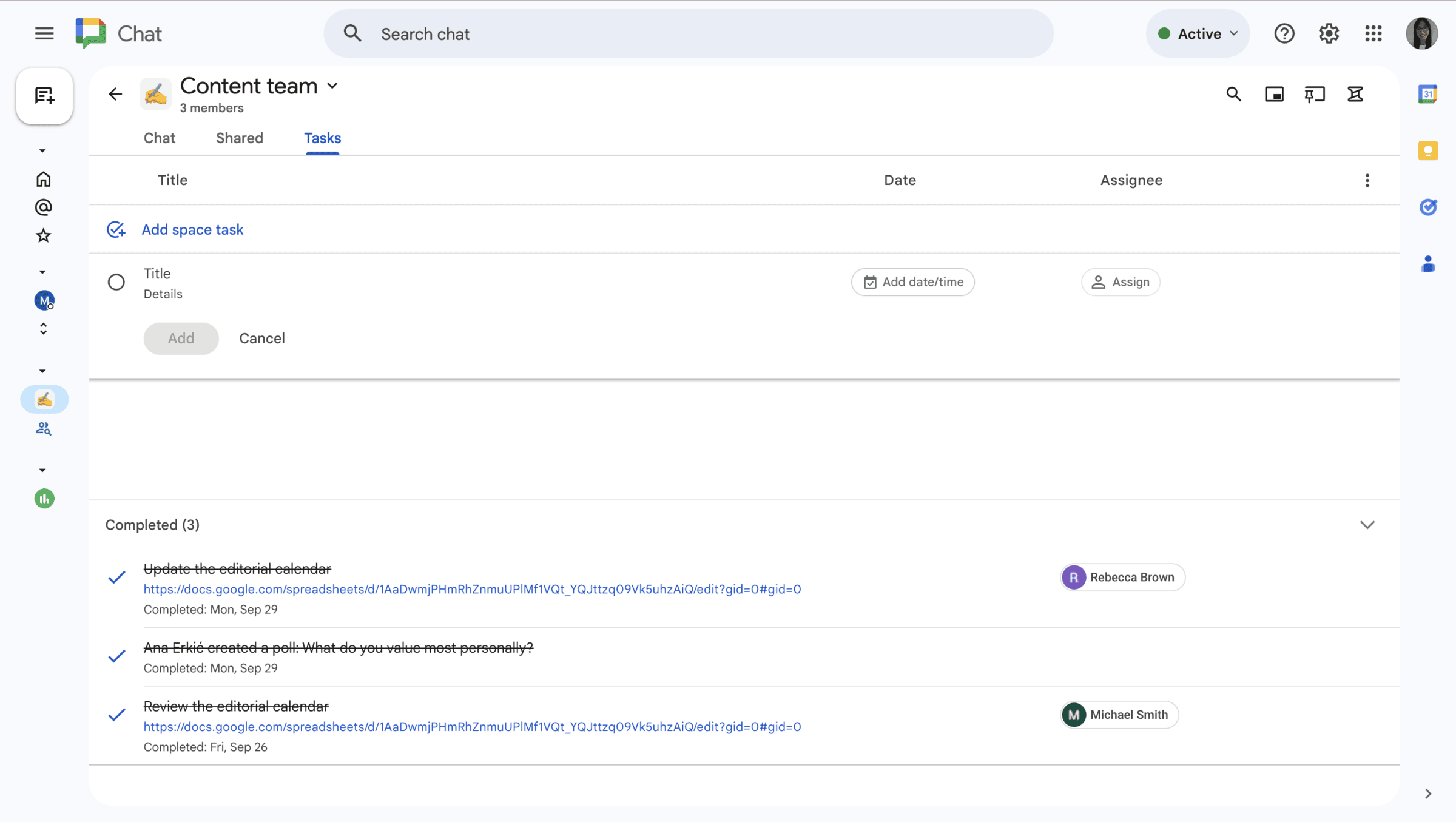 Creating a task in Google Chat