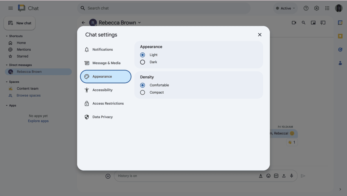 Google Chat interface customization options