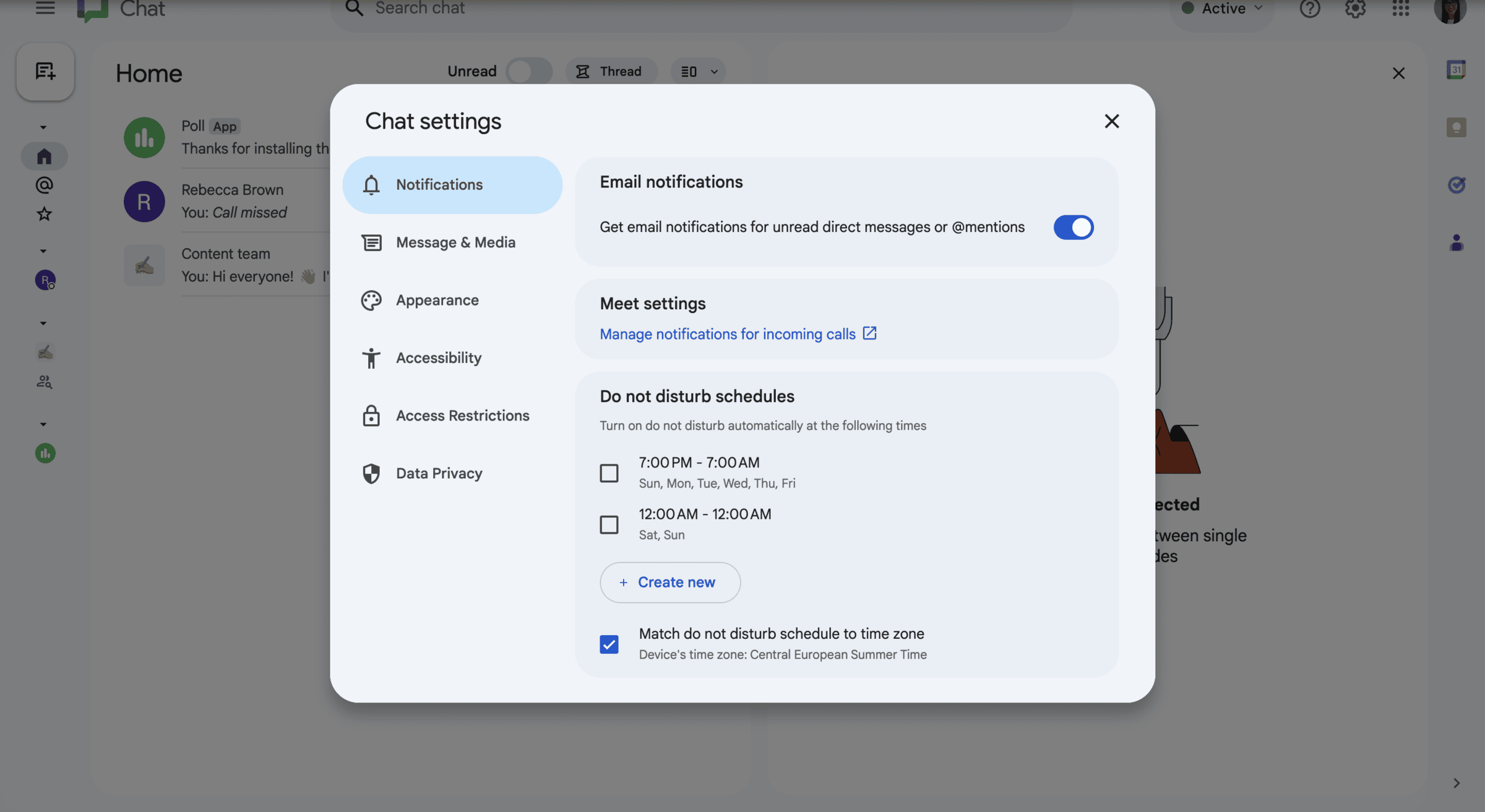 Notification settings in Google Chat