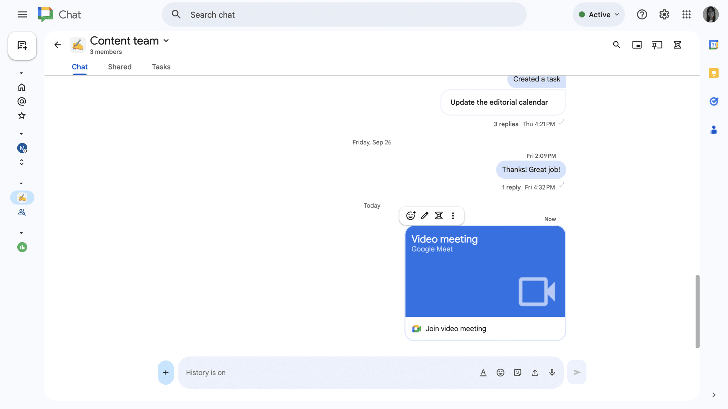Sharing a Meet link in Google Chat&rsquo;s space