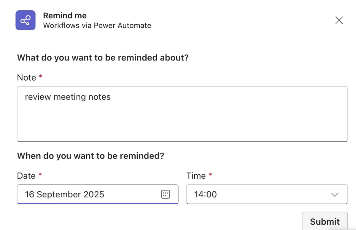 Create reminders with Workflows in MS Teams