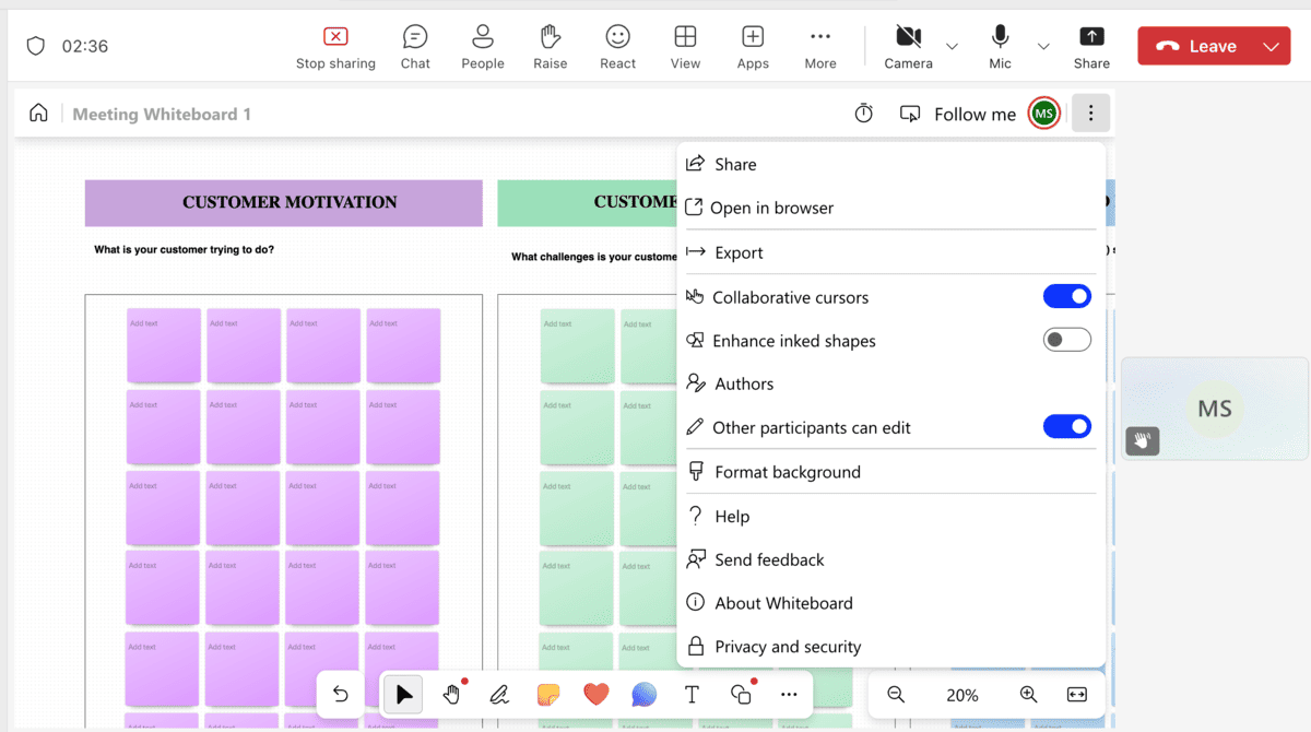 Guide meeting participants through your board during a Microsoft Teams video call