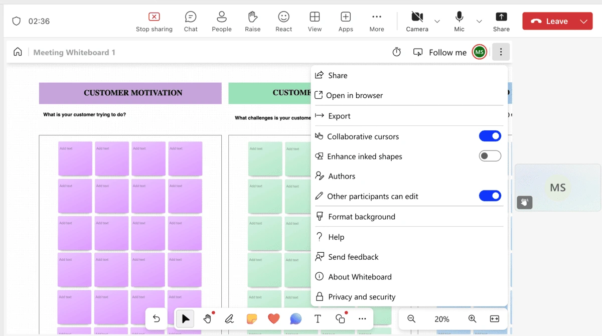 Guide meeting participants through your board during a Microsoft Teams video call