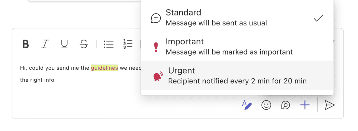 Messaging options in Microsoft Teams