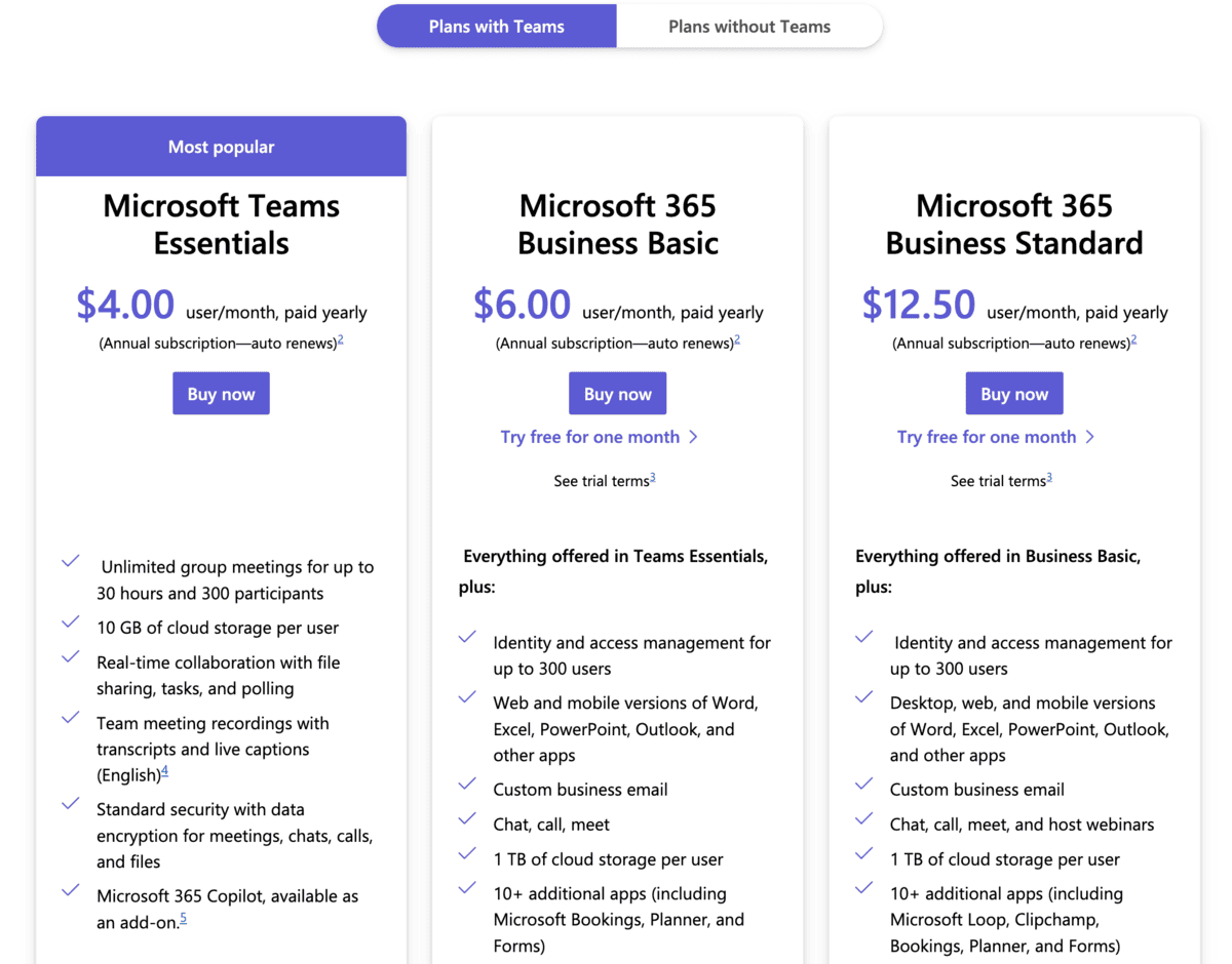 Microsoft Teams plans & pricing