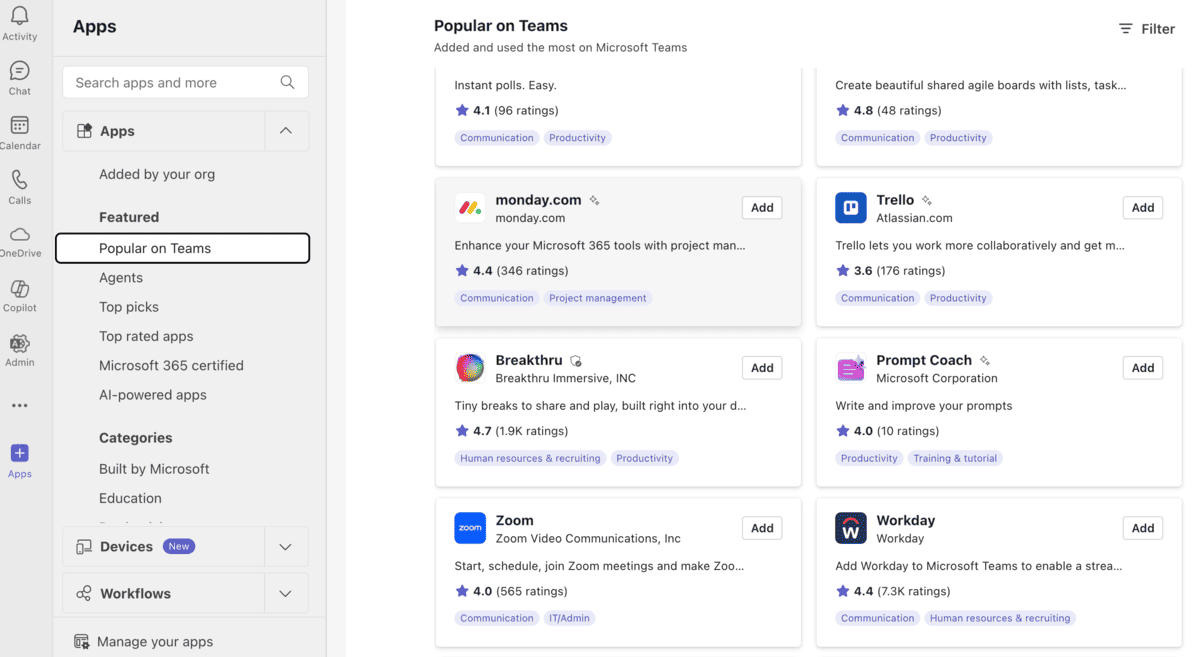 Popular apps in Microsoft Teams