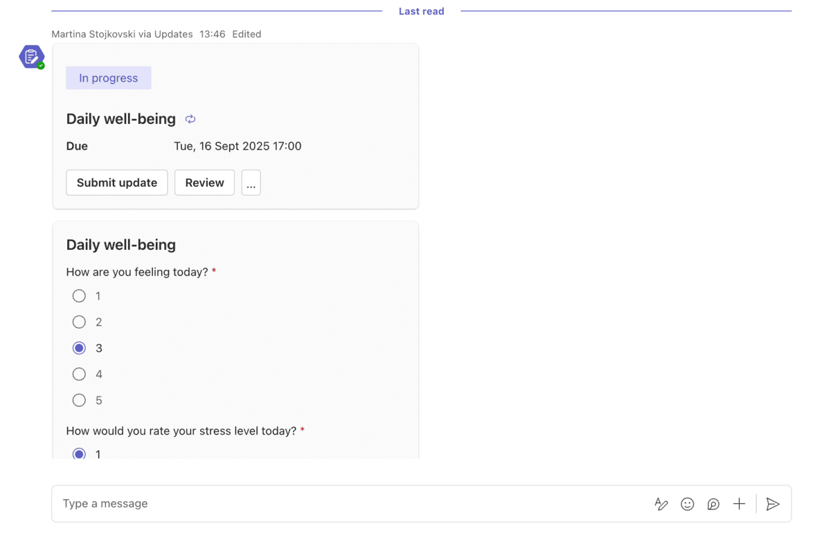 Successful check-in via Updates in Microsoft Teams