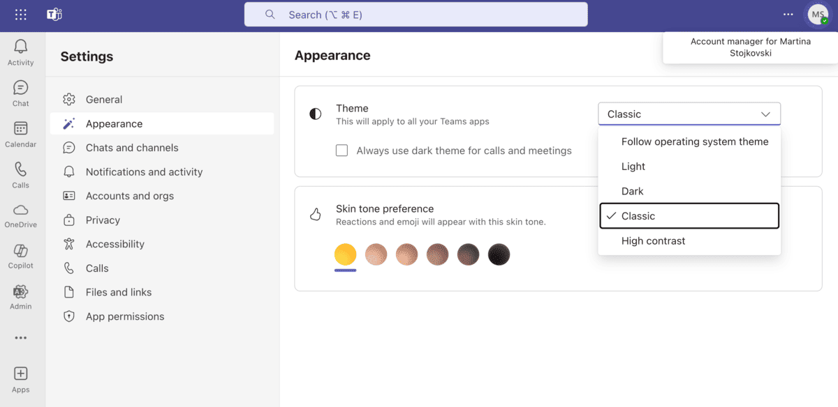 The Classic theme in MS Teams