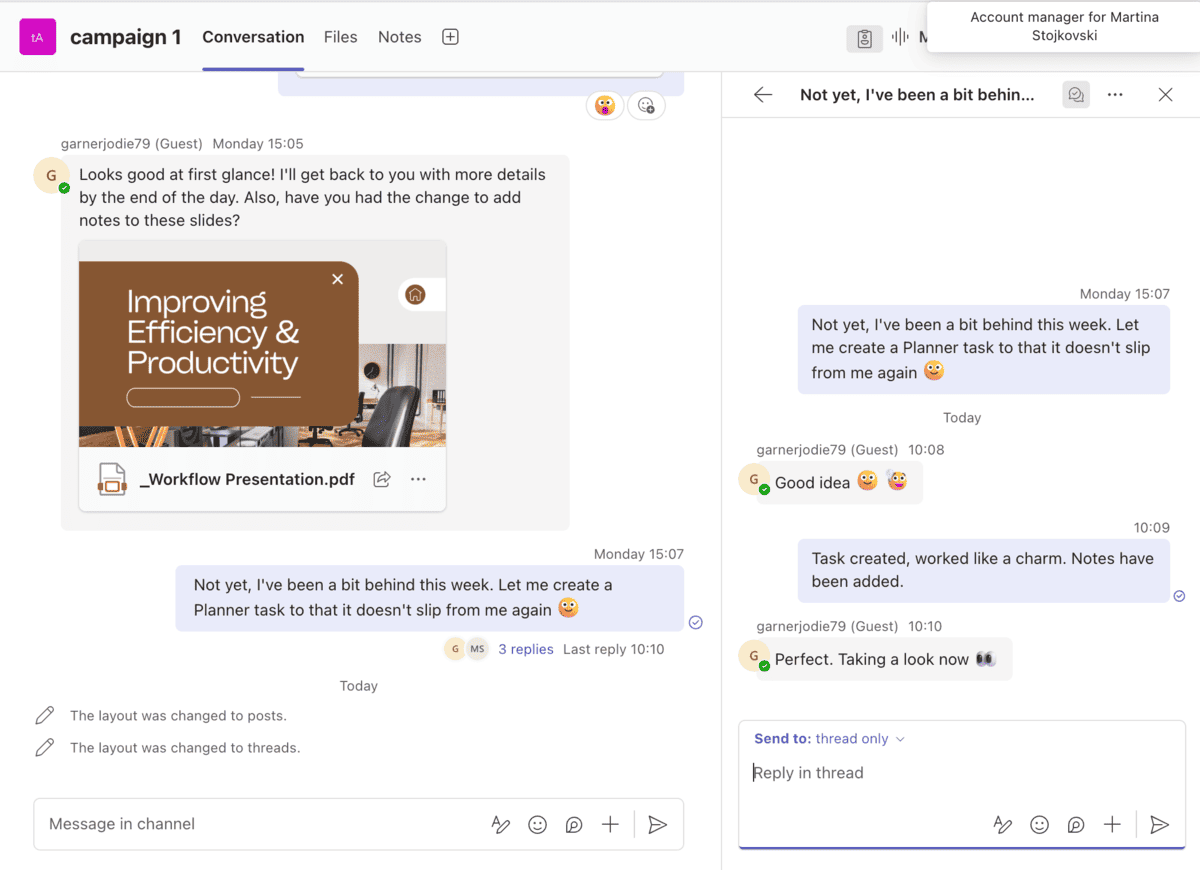 Threads layout in a Teams channel