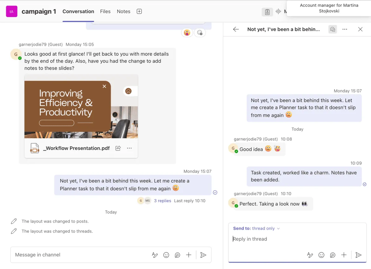 Threads layout in a Teams channel