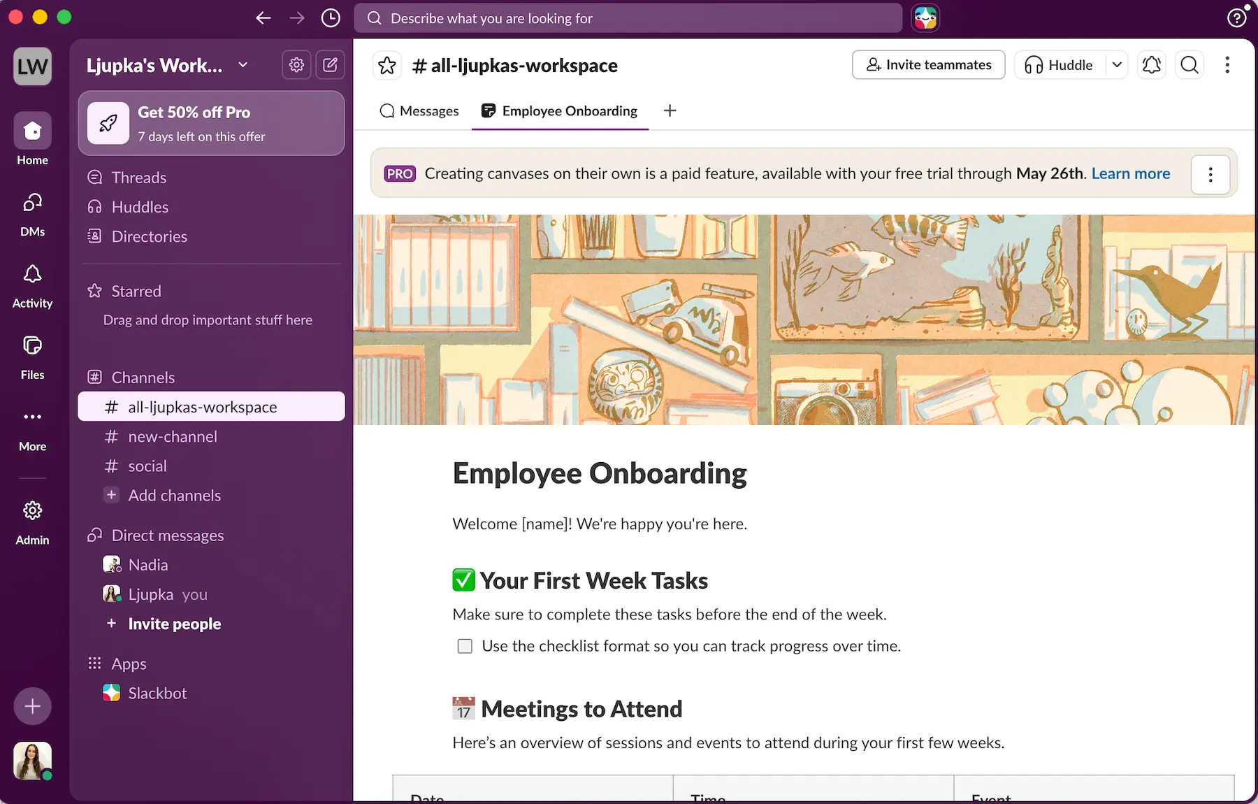 A canvas template in Slack