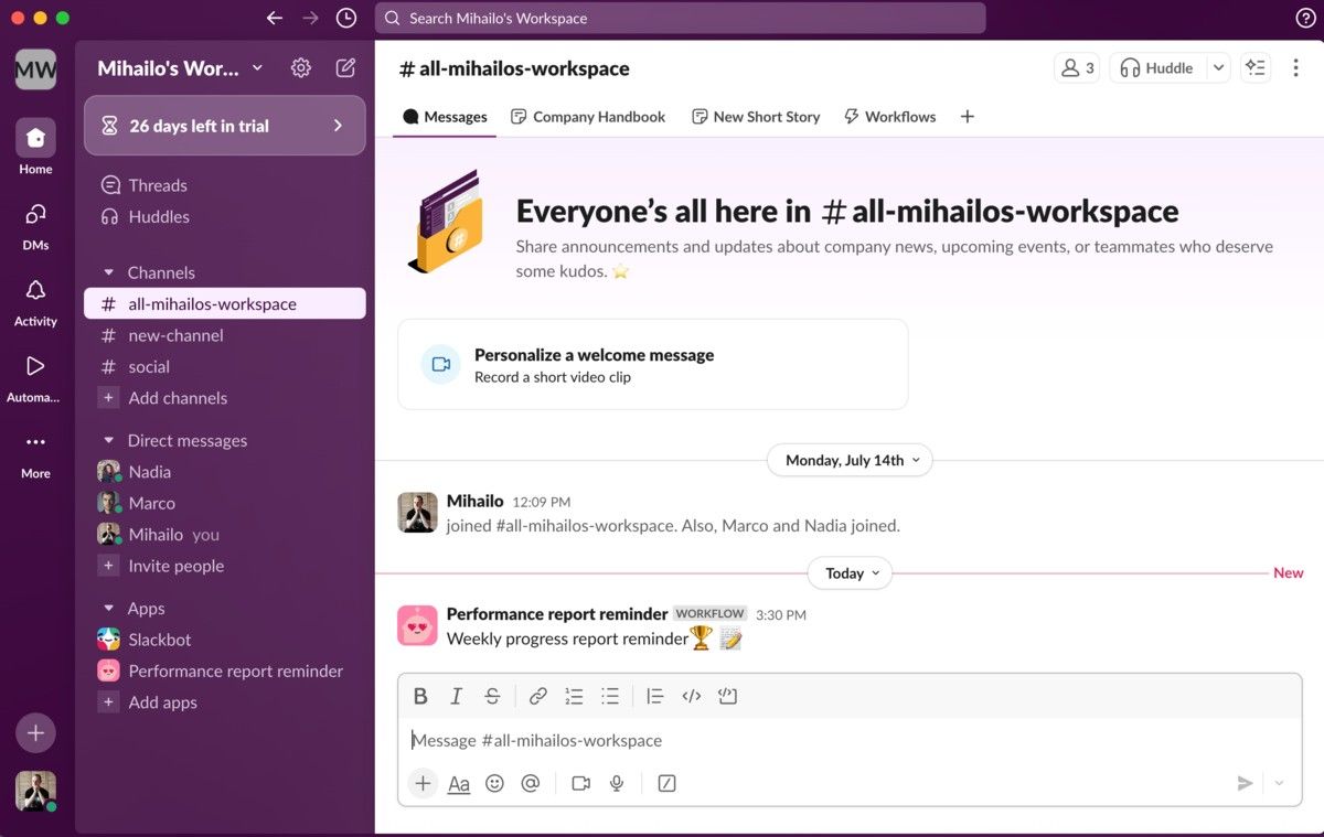Automated performance report reminder defined by the Workflow menu