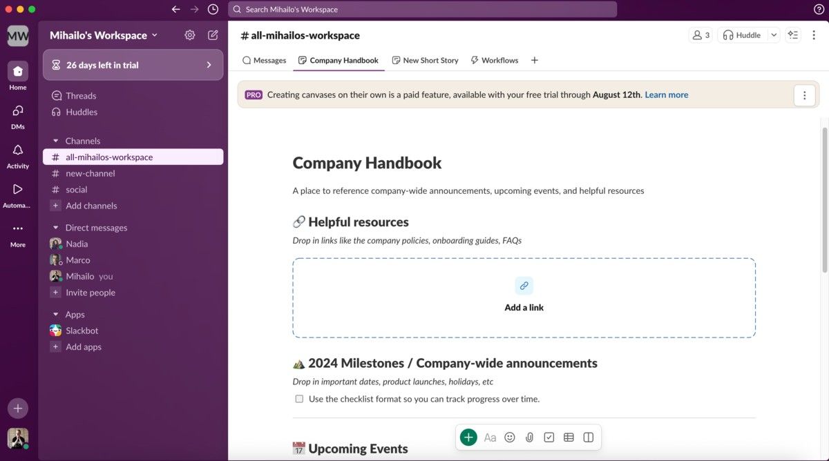 A default canvas in Slack