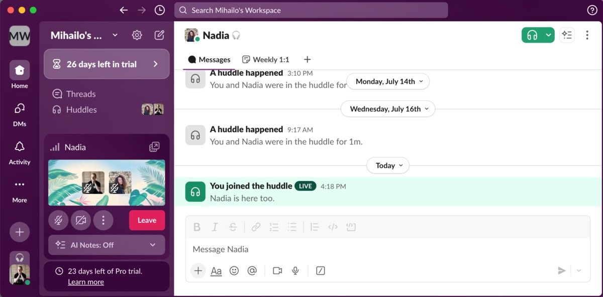 A huddle in Slack