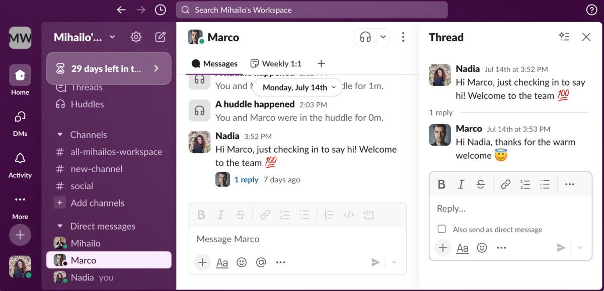 Threads and messages in Slack