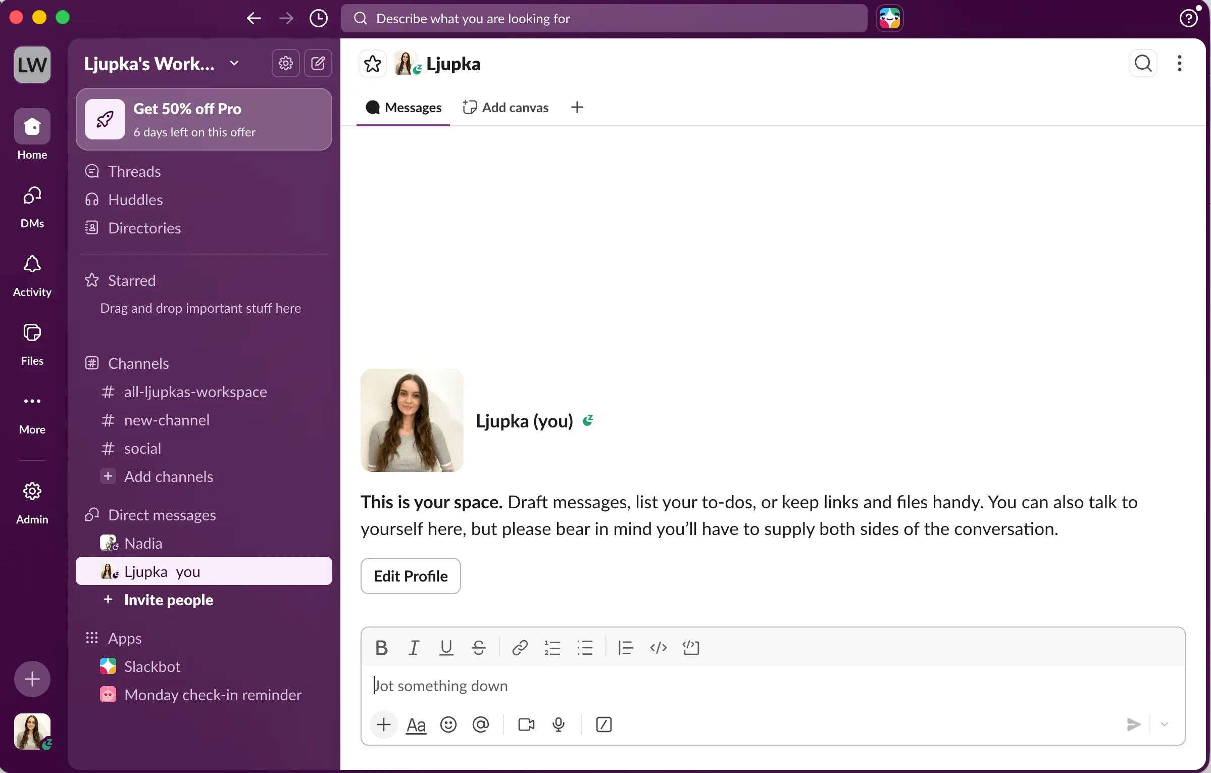 Slack's main window