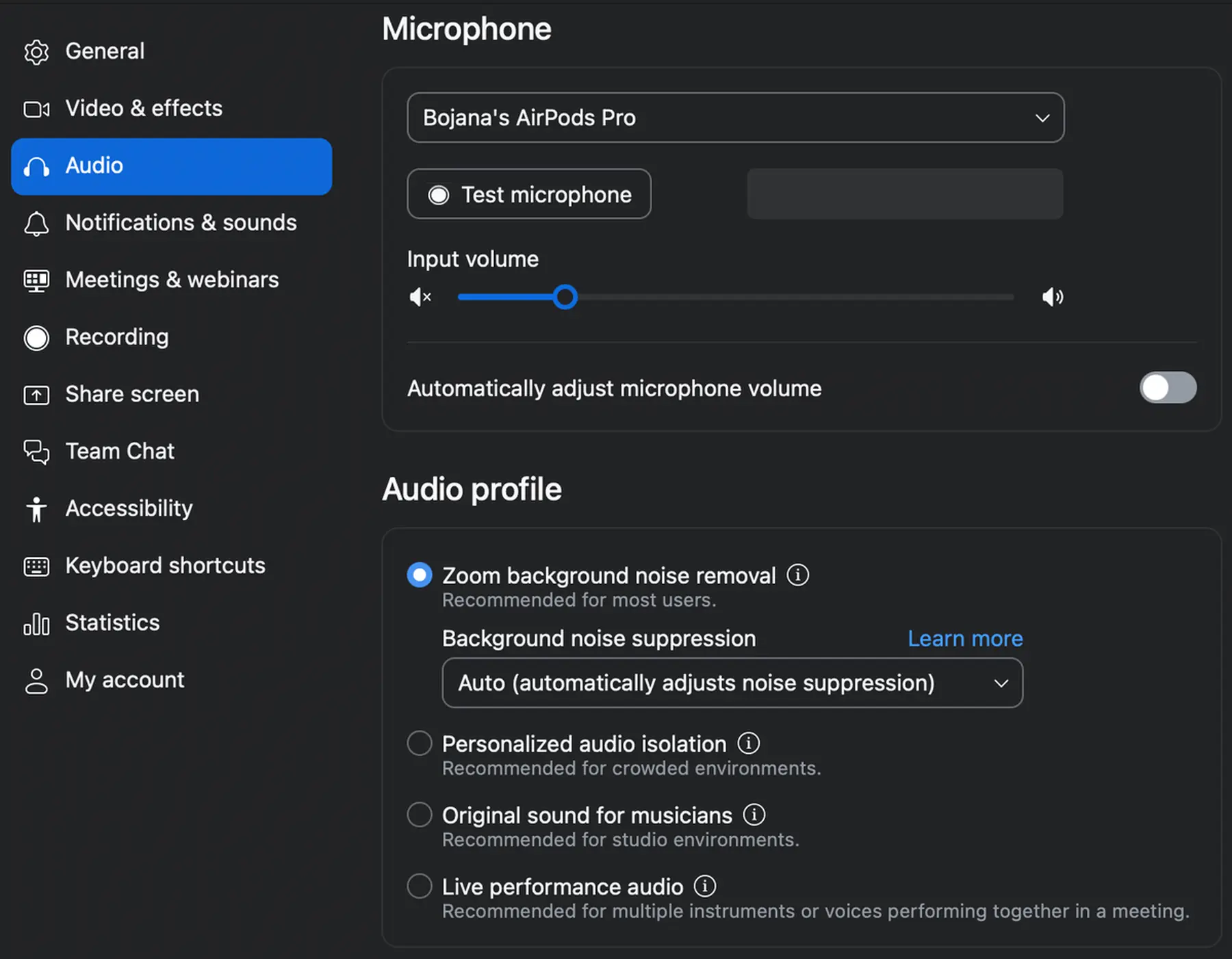 Audio settings in Zoom