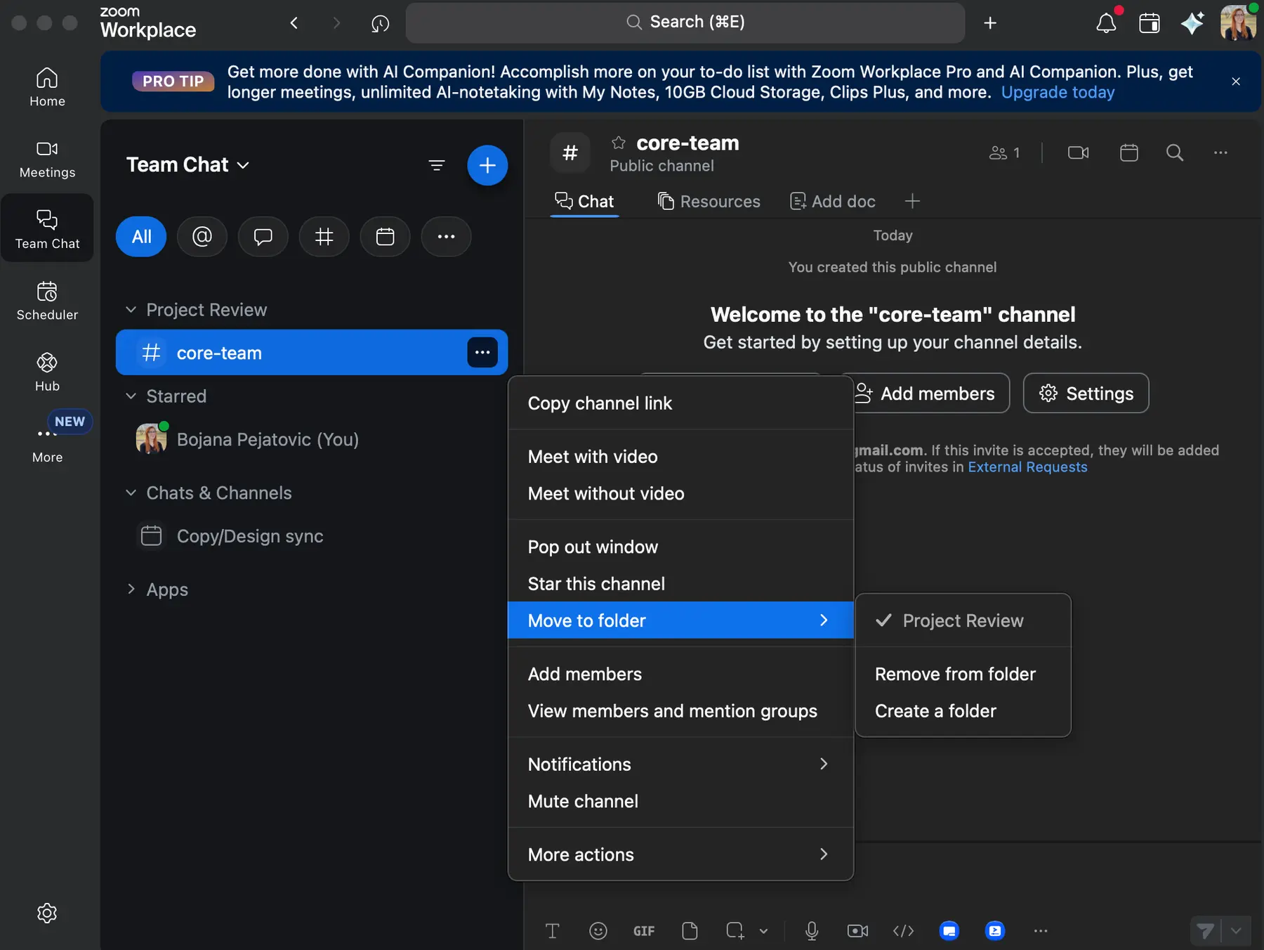 You can organize messages and channels in Zoom by sorting them into folders