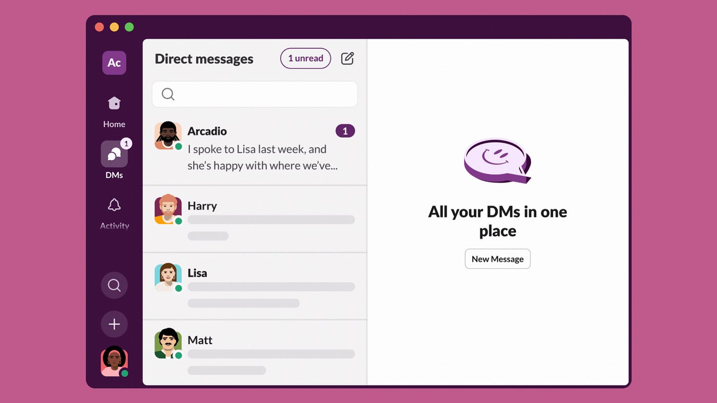 New direct messages tab in Slack