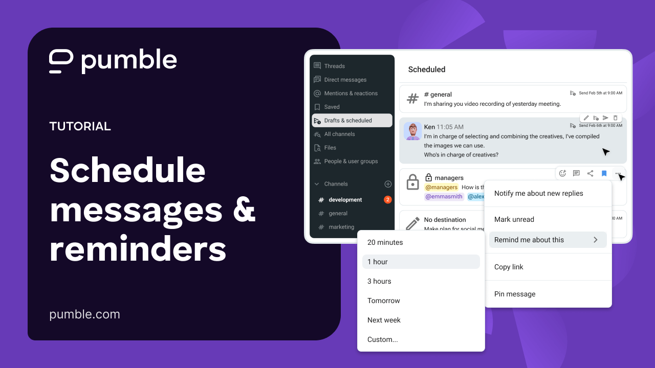 Schedule messages and reminders in Pumble video tutorial