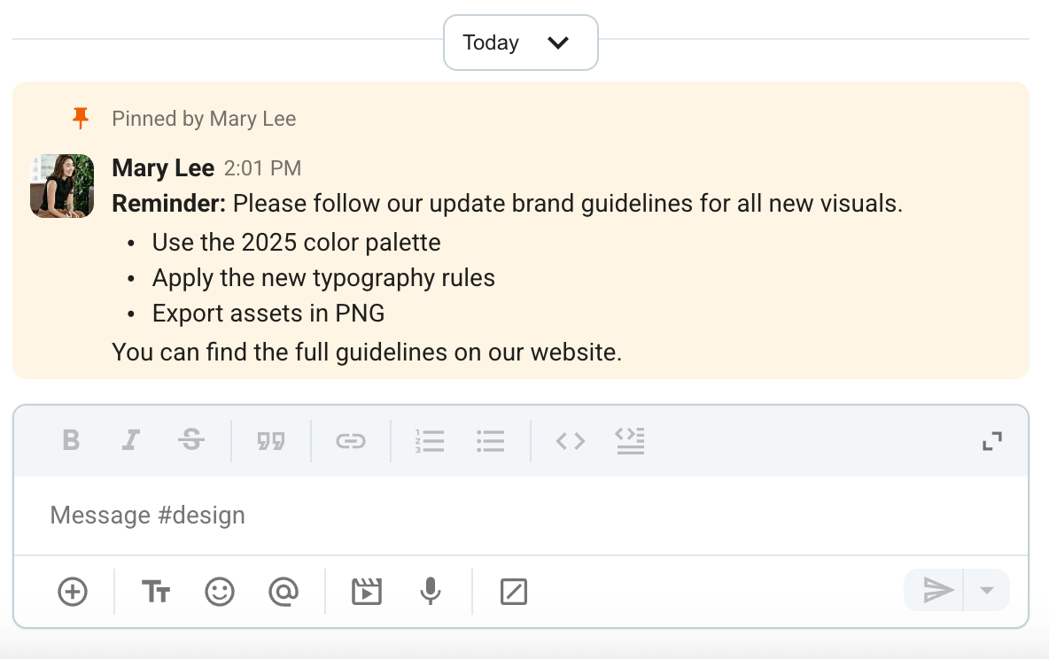 An example of a pinned message in Pumble, a business messaging app
