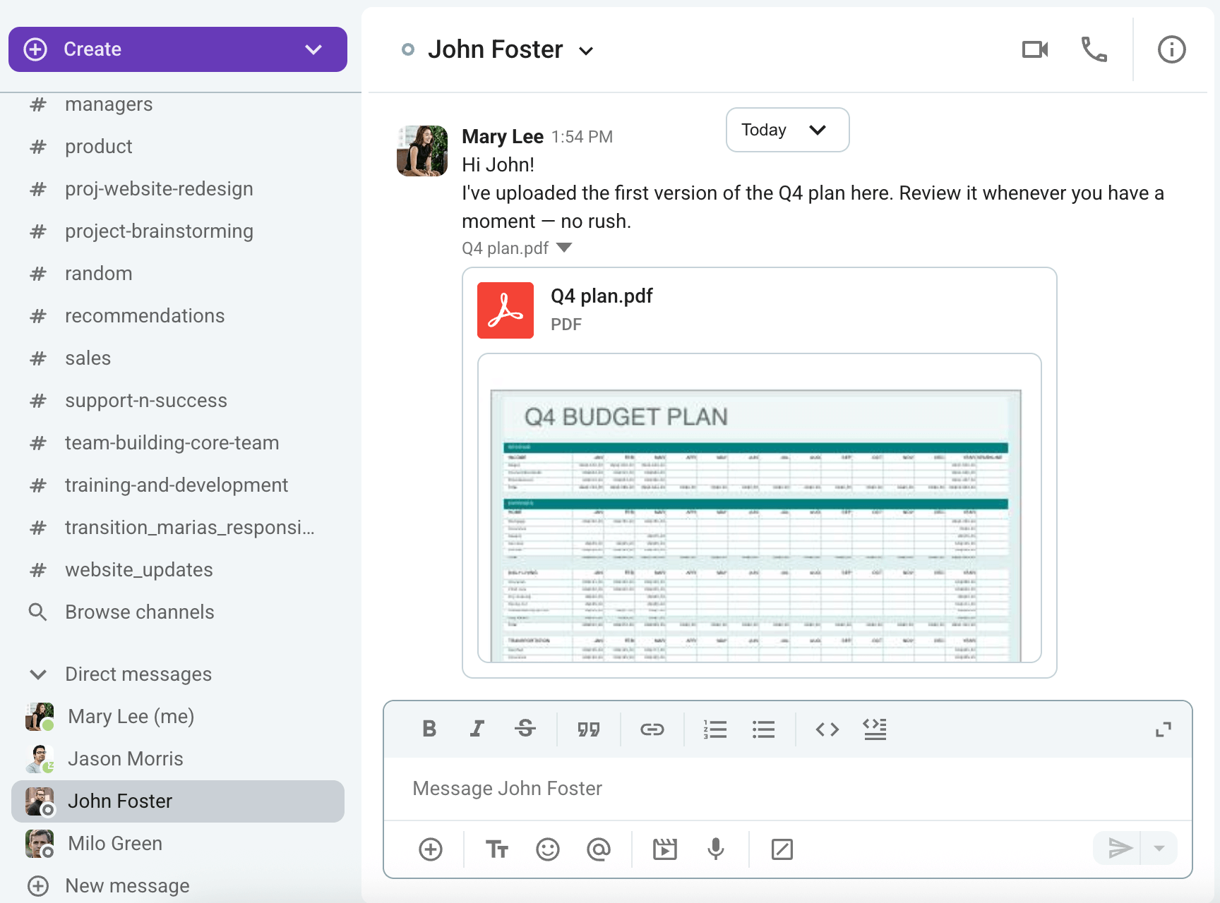 An example of clear asynchronous written communication in Pumble, a team communication app