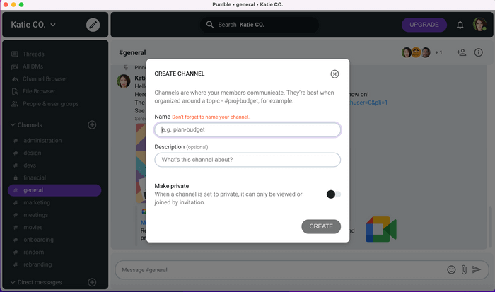 Creating a channel in Pumble (business messaging app)