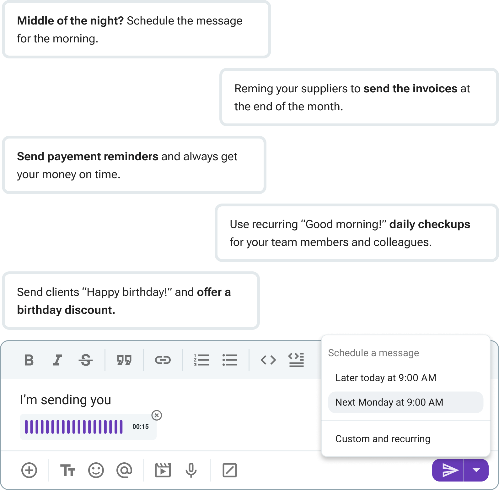 Scheduling a voice message in Pumble, a team communication app