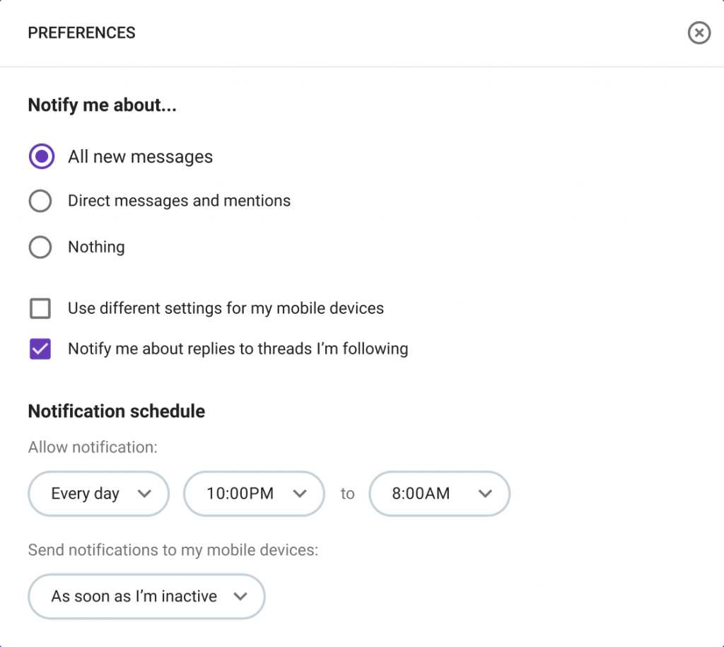 Setting a notification schedule in Pumble, a team messaging app 