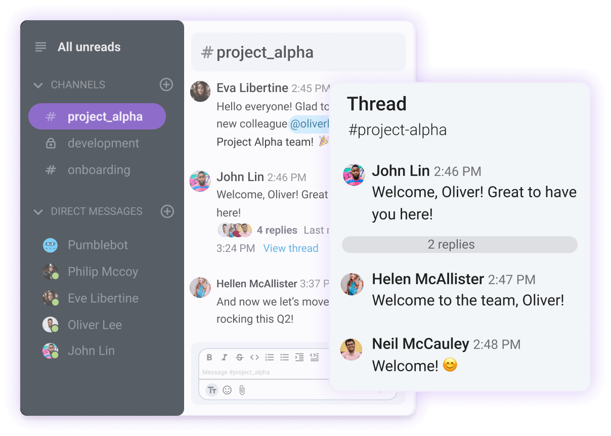 Threads in Pumble, a team communication app

