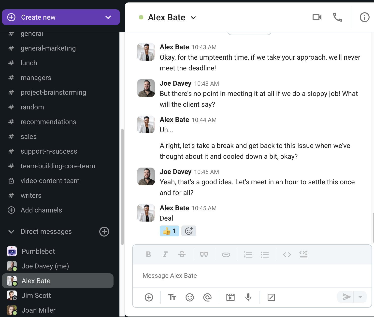 Colleagues decide to take a breather and avoid conflict escalation in Pumble, a team communication app