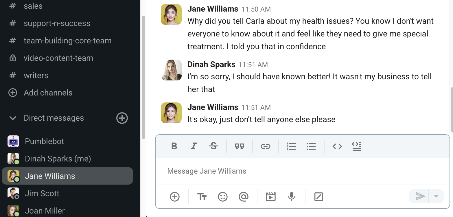 A coworker apologizing for their mistake through Pumble, the team communication app