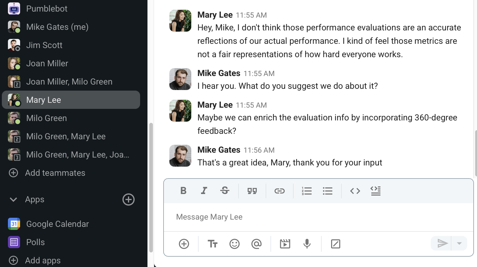 A team leader working on finding a solution to a problem together with the team member who pointed it out in Pumble, a team communication app