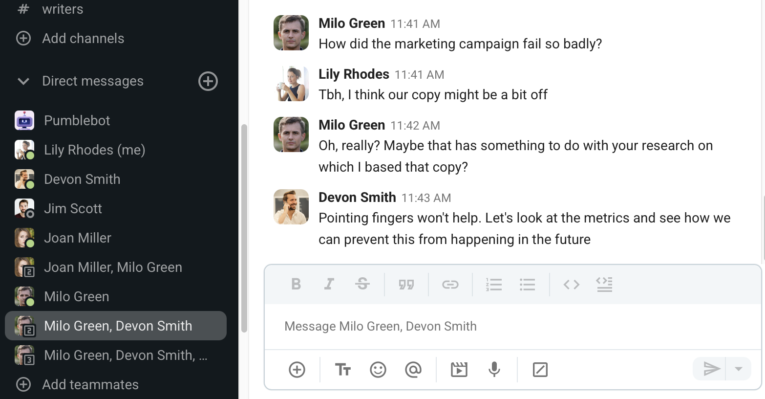 A marketing campaign lead de-escalating a conflict in a Pumble group chat by focusing the team’s effort on preventing the problem from occurring again