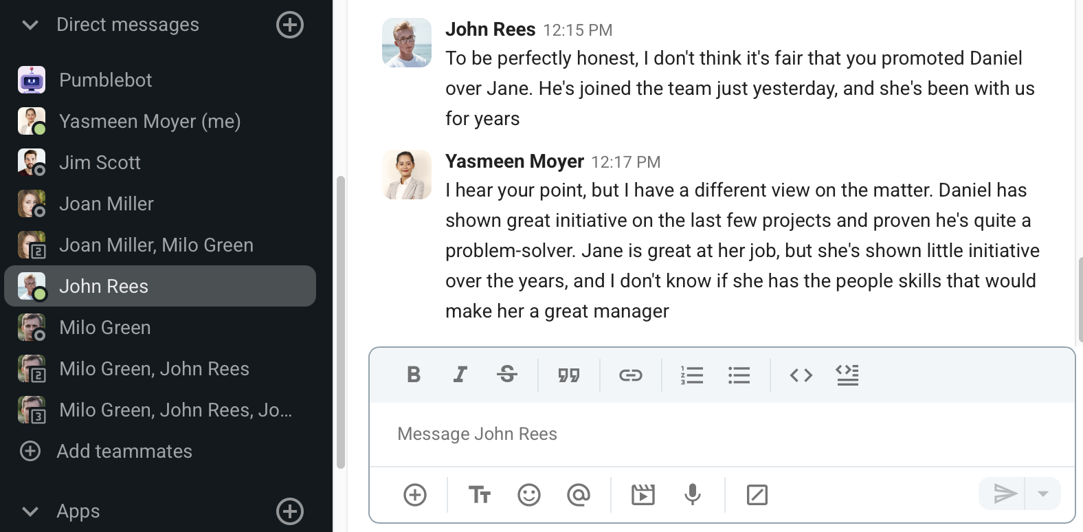 A manager respectfully disagreeing with an employee about a decision she made shown via Pumble, the business messaging app