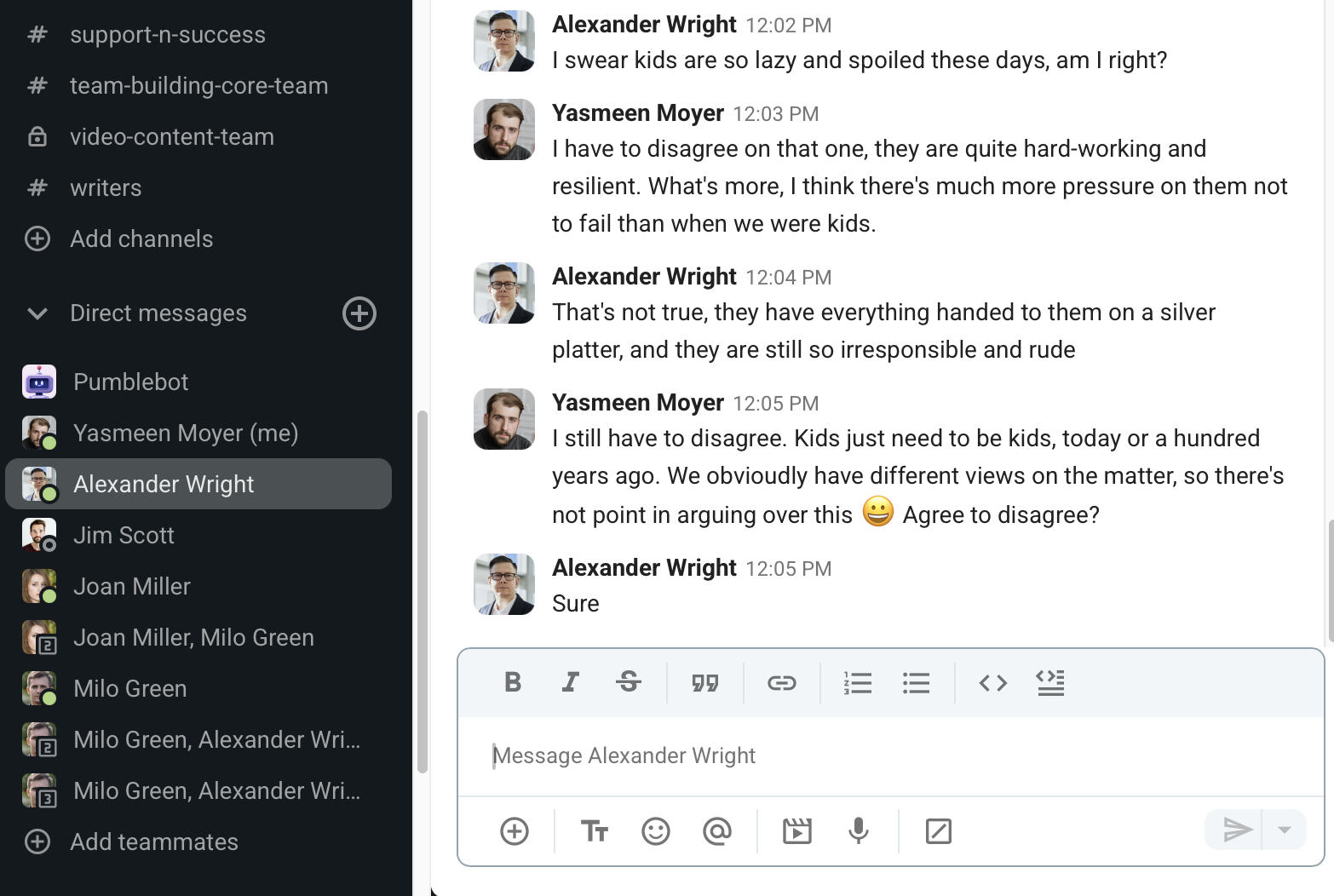 A teacher preventing a disagreement with a colleague from escalating by agreeing to disagree through Pumble, the team communication app