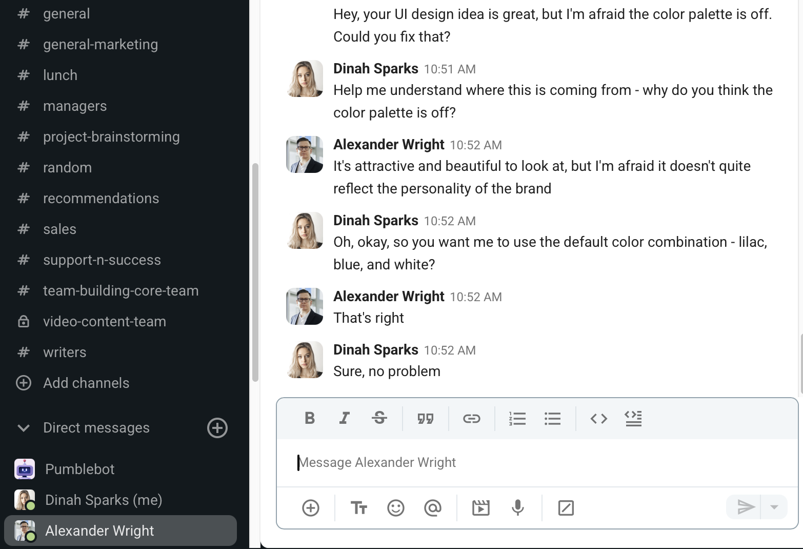 A designer asking a marketer for clarification in Pumble, a team communication app