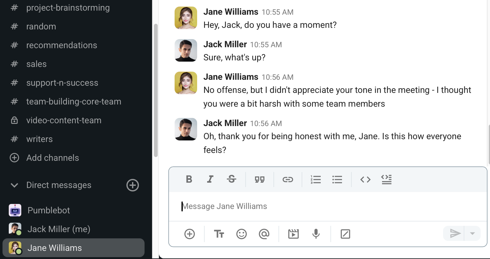 Using Pumble, a team leader shows appreciation for upward criticism coming from a team member