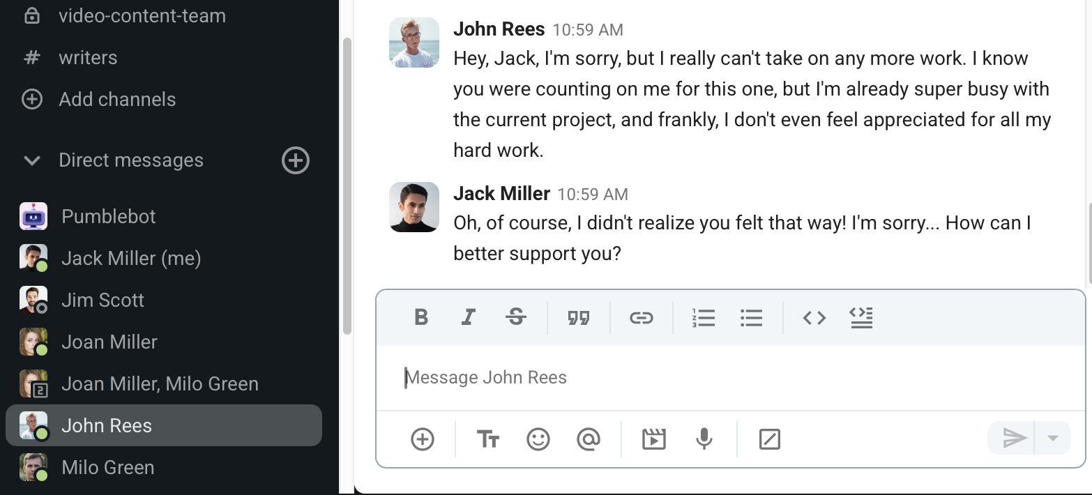 A manager showing care and support to an upset employee through Pumble, the team communication app