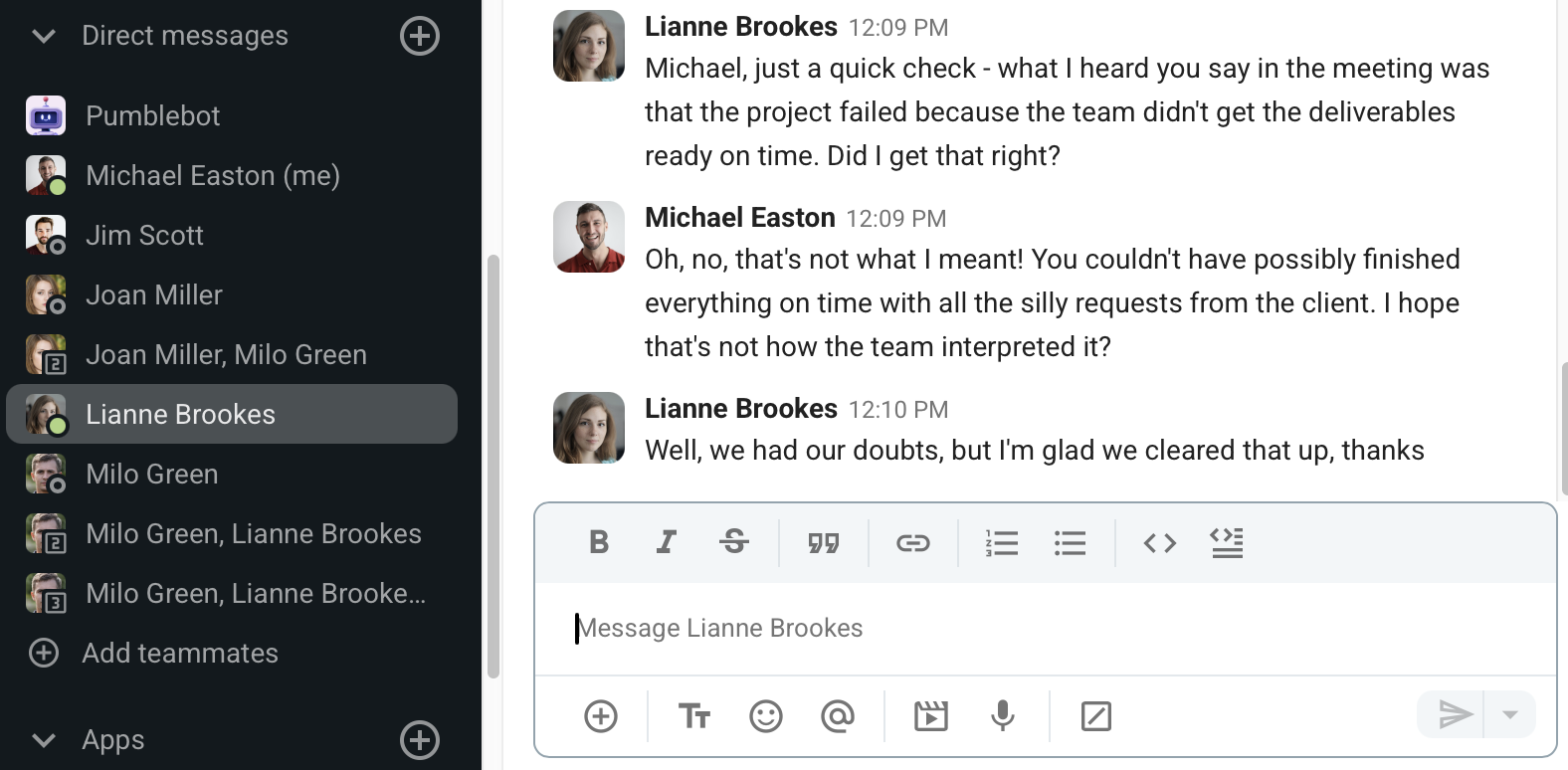 A team member using Pumble to check if she understood a remark correctly before escalating an issue