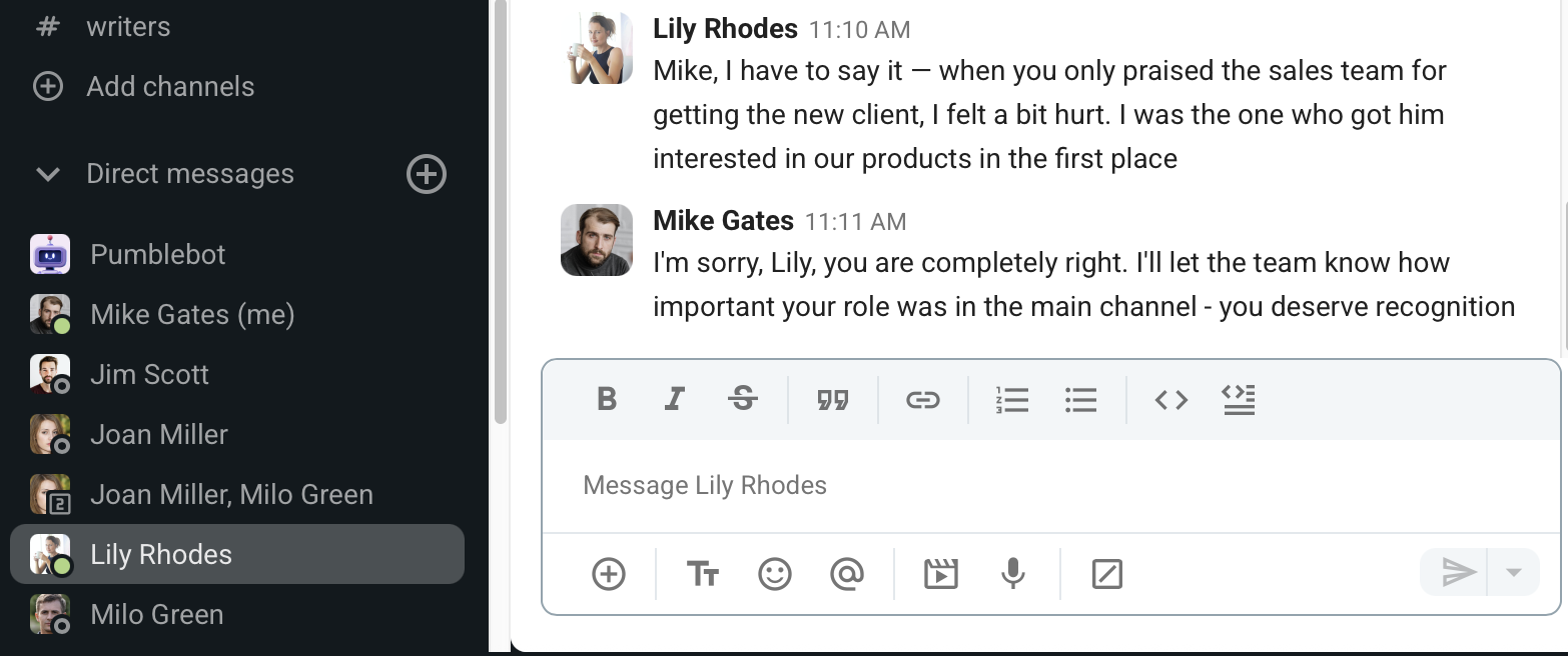 An employee respectfully letting the manager know his actions caused her harm on Pumble, the team communication app