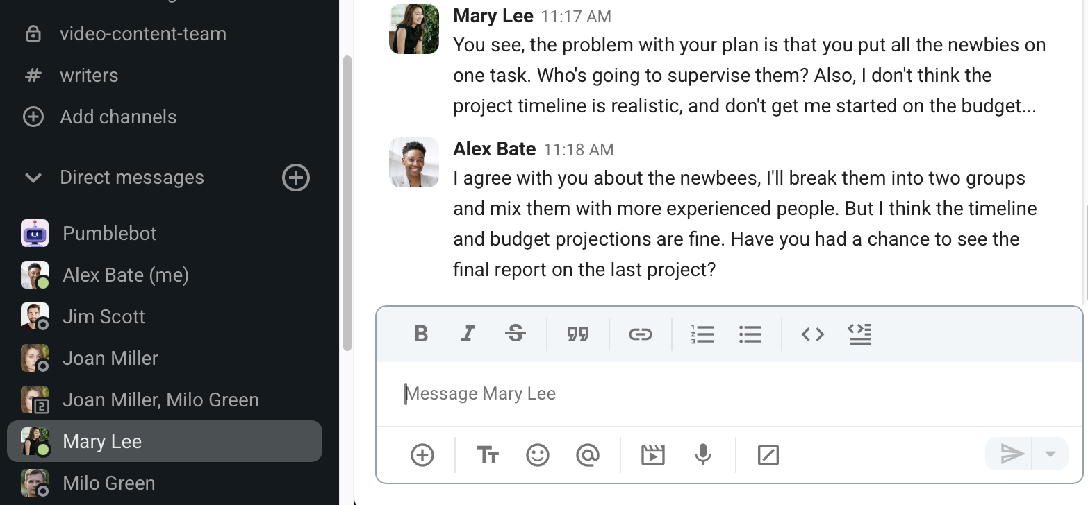 Project managers having a constructive conflict on how to manage the project via Pumble, a team communication app